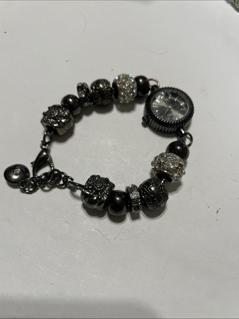 Cici &Faye Gunmetal Beaded Crystal Charm Bracelet Watch